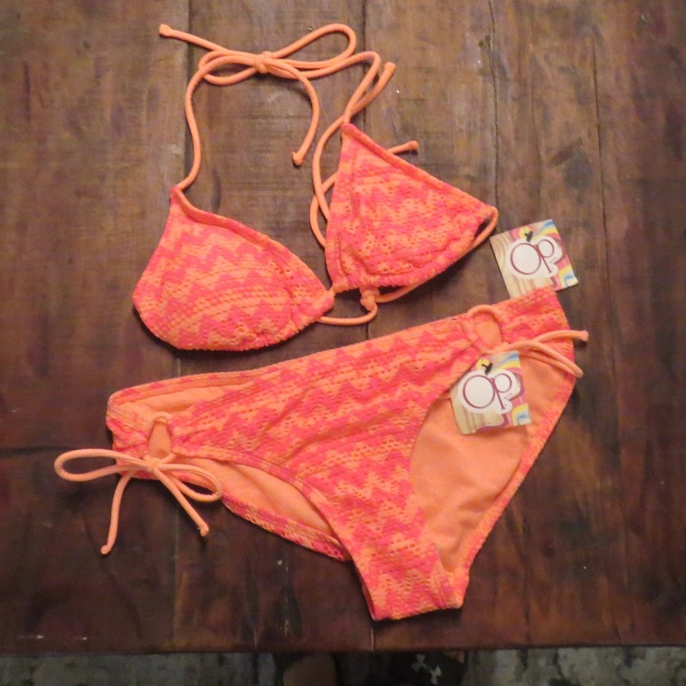 OP Knit String Bikini Coral Orange & Pink Medium sz 7/9  NWT